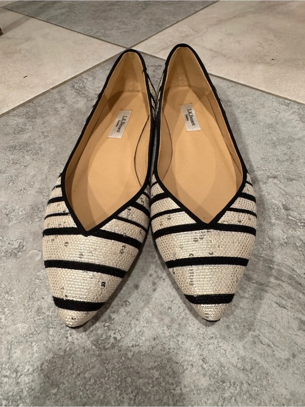 LK Bennett Black and Cream Sequin Striped Jacquard Pointed Flats 37